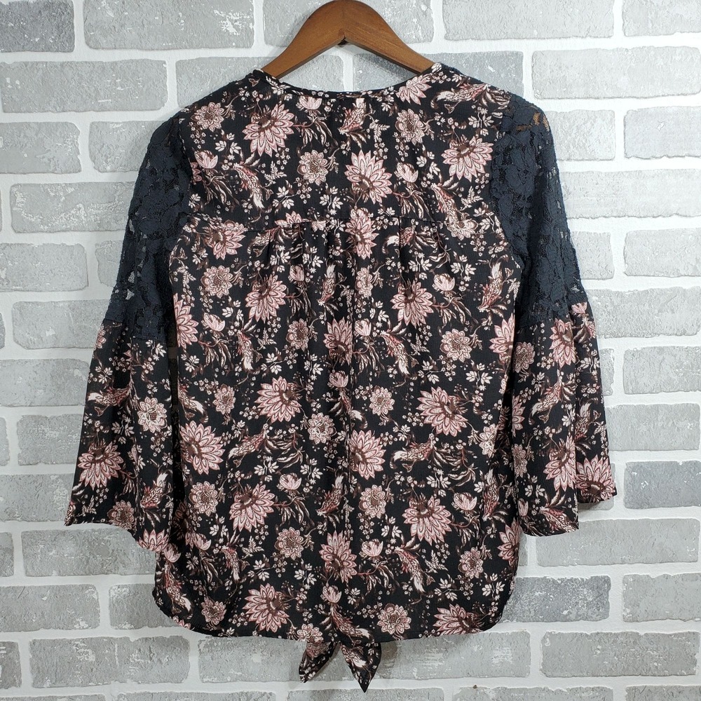 Knox Rose Floral‎ Boho Peasant Blouse XS Black Pink Bell Sleeve Top - Picture 3 of 9